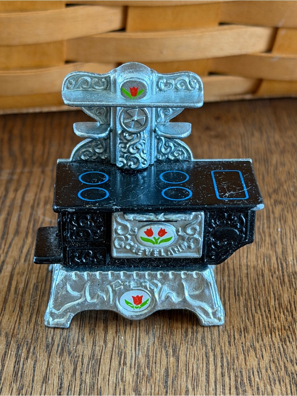 Mattel Black and Silver Miniature Stove with Red Tulip Decals